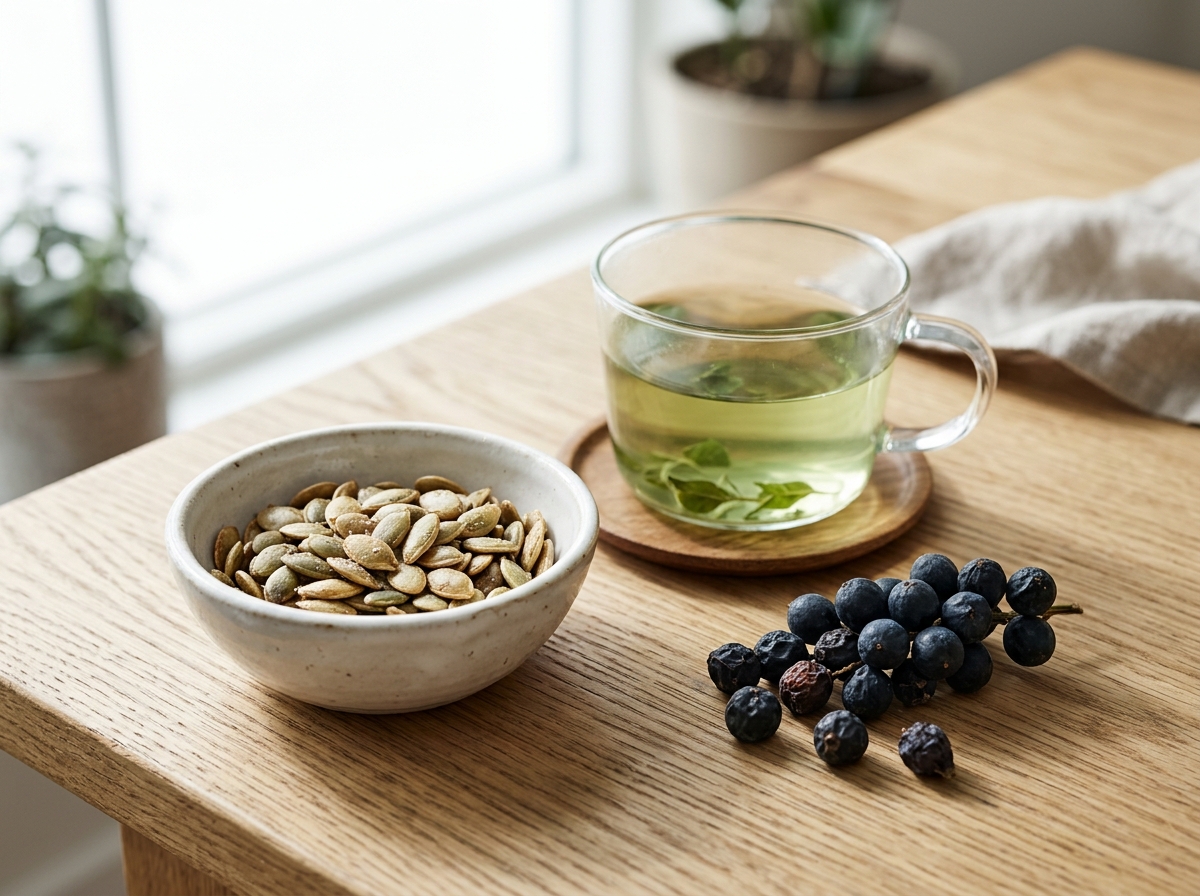 Botanical prostate wellness nutrients including pumpkin seeds, berries, and herbal tea on an oak table