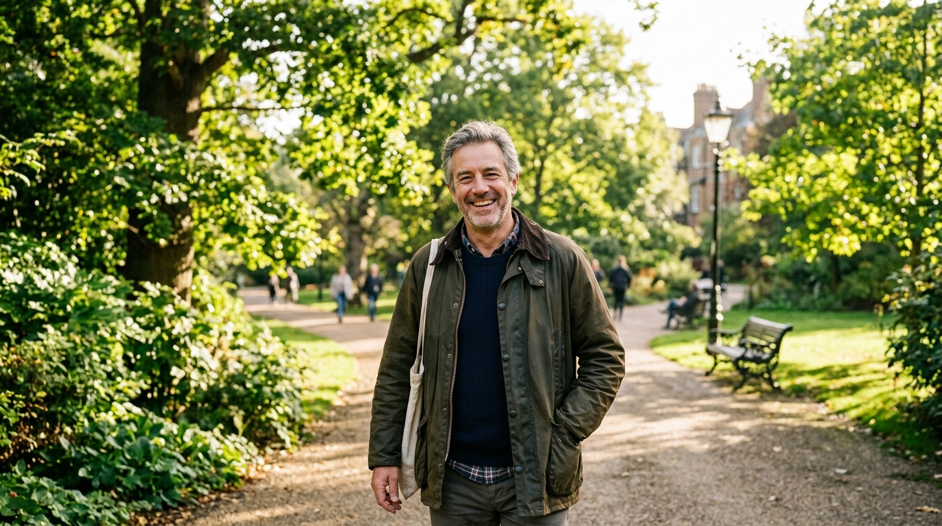 Active healthy mature British man walking outdoors in a London park